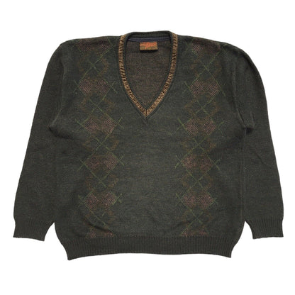 Miracle Vintage 80s Brown Geometric V-Neck Jumper Men's UK XL