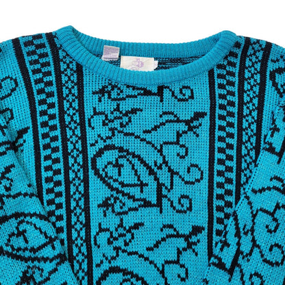 GB 80s Vintage Blue & Black Sparkle Retro Round Neck Jumper Women's Medium.