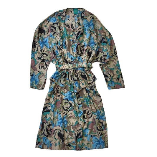 Canda C&A 80s Vintage Blue & Green Floral Daywear Dress Women's Size 18 Eu 46