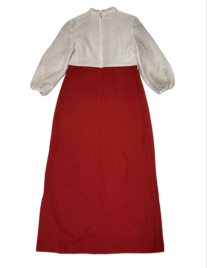70s Vintage White & Red Balloon Sleeve Maxi Dress Women's Size 12