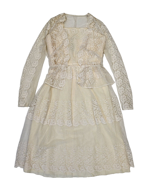 Berkertex 70s Vintage Cream 2 Piece Lace Dress & Jacket Women's Size 16