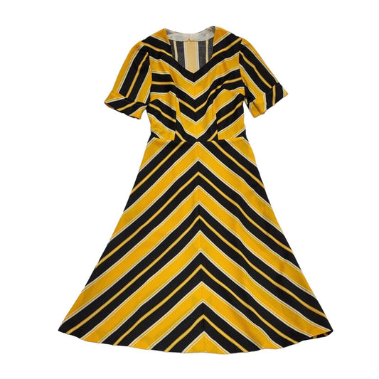 70s Vintage Yellow & Black Striped Midi Daywear Dress Women's 8