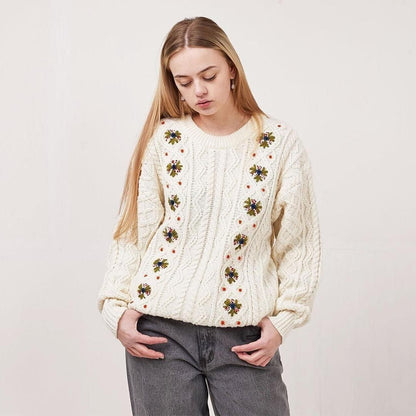 Avant Garde Vintage 90's Cream Green Floral Knitted Jumper Uk Women's UK 14-16