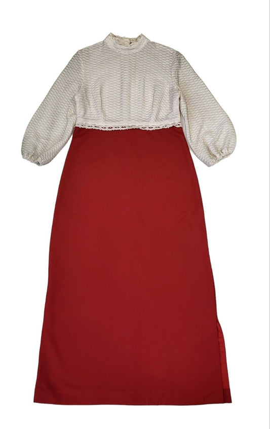 70s Vintage White & Red Balloon Sleeve Maxi Dress Women's Size 12