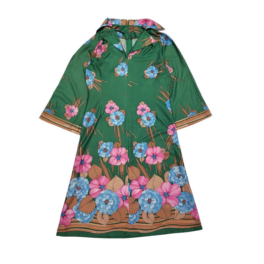 70s Vintage Green Floral V-Neck Collared Shift Dress Women's 12
