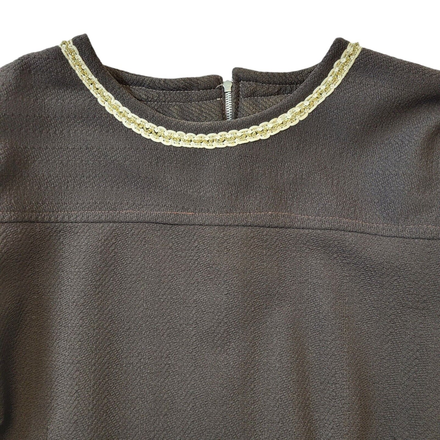 70s Vintage Brown Shift Dress With Gold Trim Women's Size 12