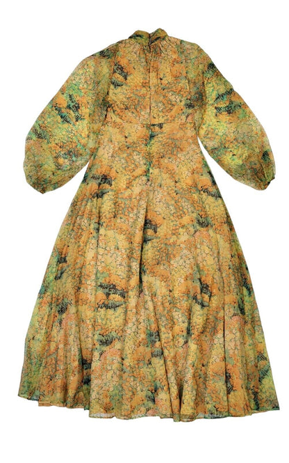 70s Vintage Yellow Boho Patterned Long Sleeve Maxi Dress Women's Size 6-8