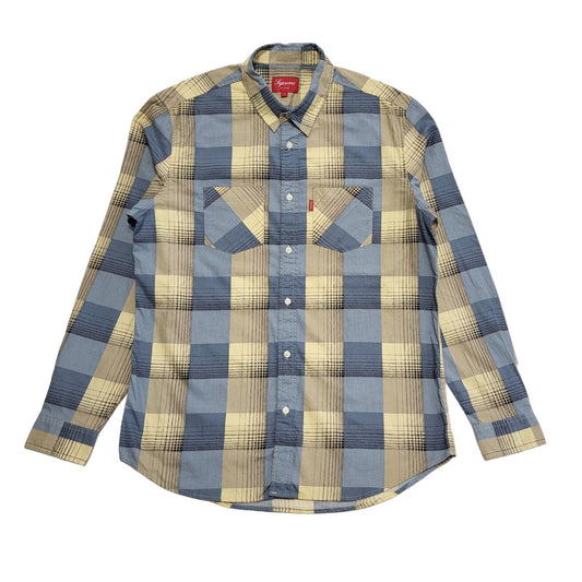 Supreme Y2K Vintage Blue & Beige Checked Long Sleeve Shirt Mens UK Size L