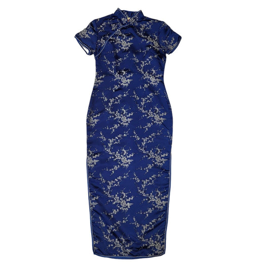 Vintage 90s Blue White Floral Japanese Bodycon Dress Uk Women's Size 8