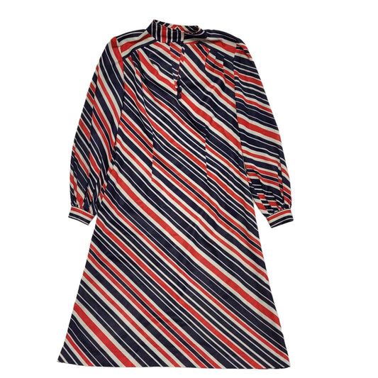 70s Vintage Red, White & Blue Striped High Neck Shift Dress Women's 14