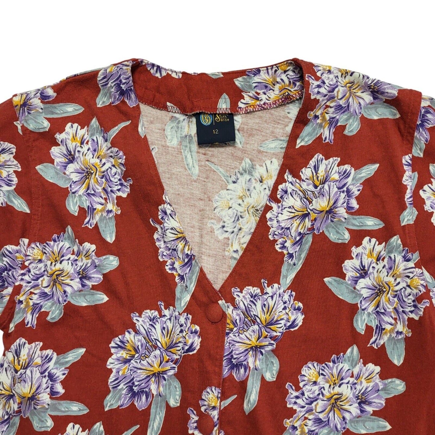 Sixth Sense 80s Short Sleeve Button Up Floral Red & Purple Blouse Womens UK 12