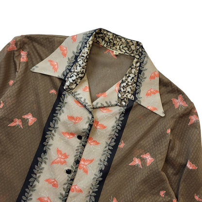 70s Vintage Brown & Tan Butterfly Blouse Women's Size 12