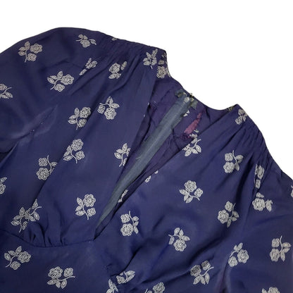 70s Vintage Navy & White V-Neck Long Sleeved Maxi Dress Women's 10