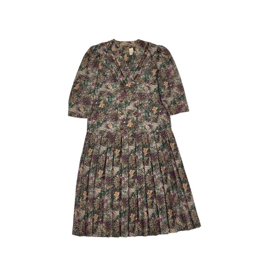 90s Vintage Etam Green & Pink Floral Pleated Dress Women's Size 12