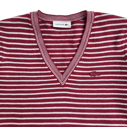 Lacoste Vintage 90's Red & White V-Neck Jumper UK Women's Size 10/12