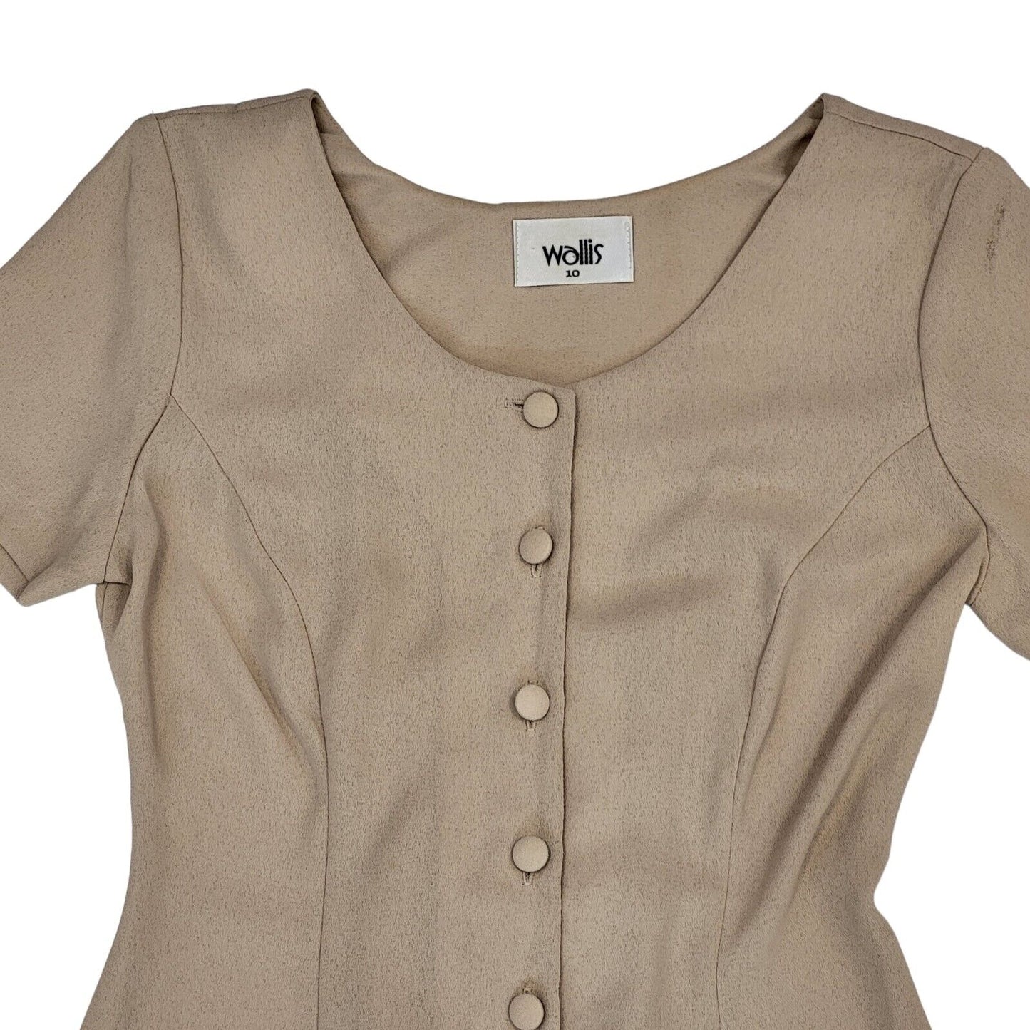 Wallis 90s Vintage Beige Buttoned Daywear Midi Dress Women's Size 10