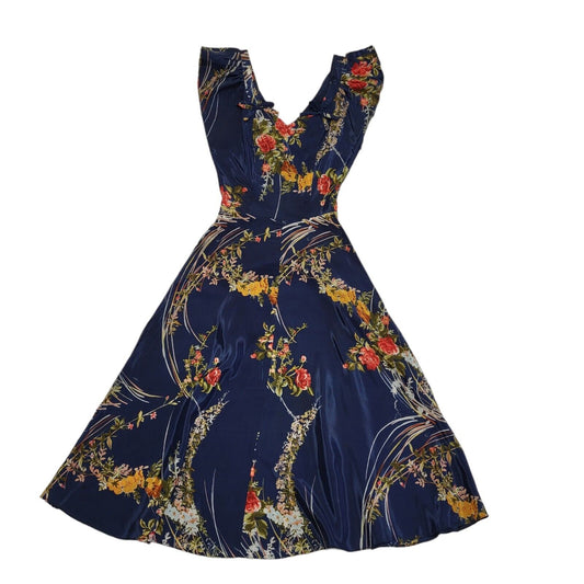 Etam Vintage 90's Blue Floral A-Line Midi Dress Women's UK Size 10