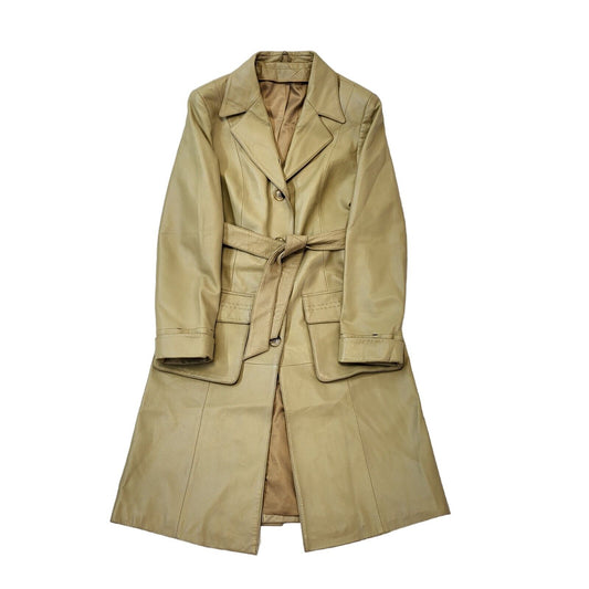 Vintage 90s Belted Beige Button Up Leather Jacket Women's Size M