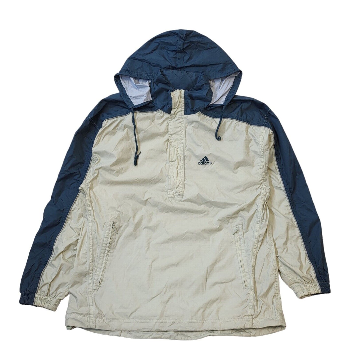 Adidas Vintage 90s Beige & Blue 1/4 Zip Hooded Pullover UK Men's Size Medium