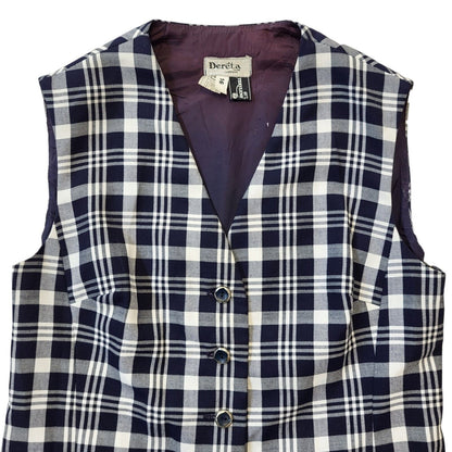 70's Vintage Dereta Navy Blue Check 2 Pocket Waistcoat Womens UK 16