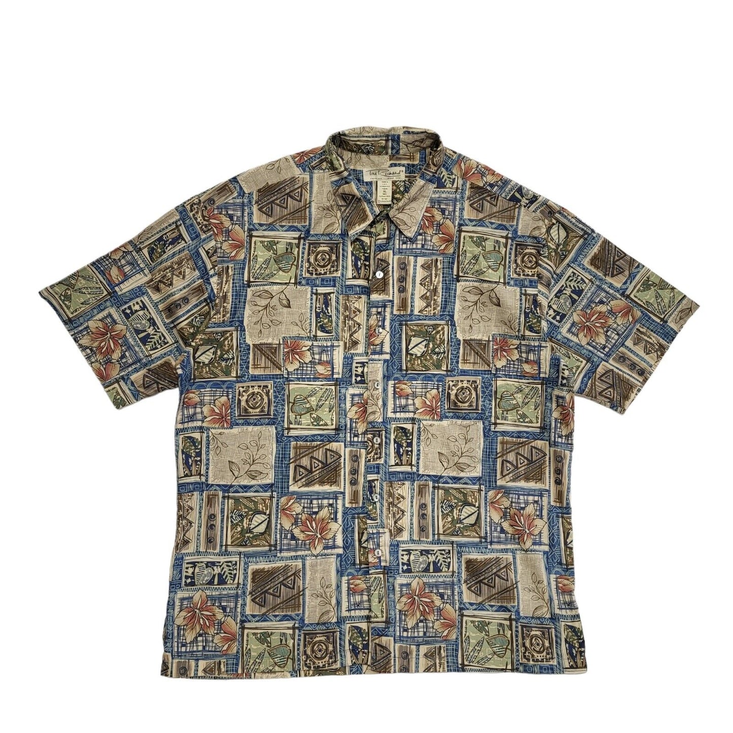 Tori Richard Vintage 90's Beige Blue Abstract Short Sleeve Shirt Men's UK XL