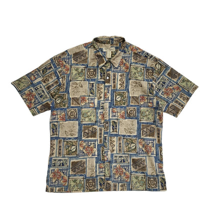 Tori Richard Vintage 90's Beige Blue Abstract Short Sleeve Shirt Men's UK XL