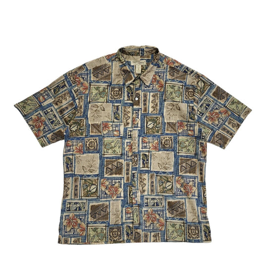 Tori Richard Vintage 90's Beige Blue Abstract Short Sleeve Shirt Men's UK XL