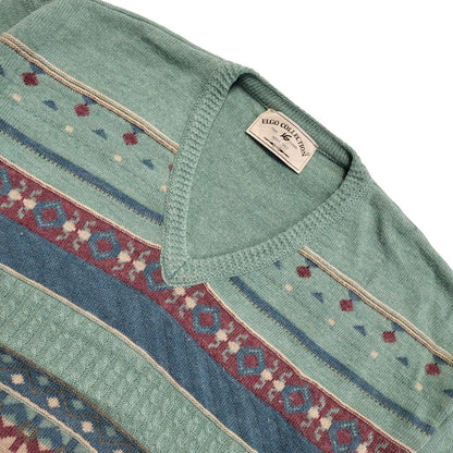 Elgo Collections Vintage 80s Green Geometric V-Neck Jumper Men's UK XL