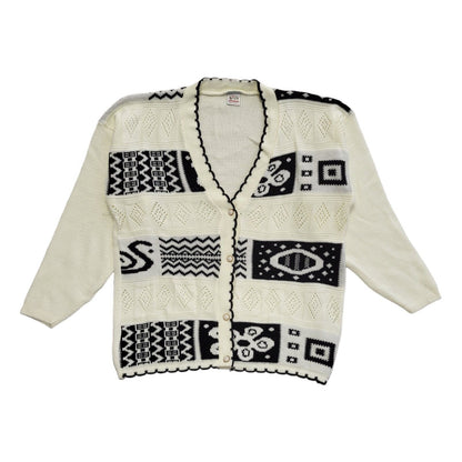 80s Vintage White & Black Button Cardigan Uk Women's Size 16