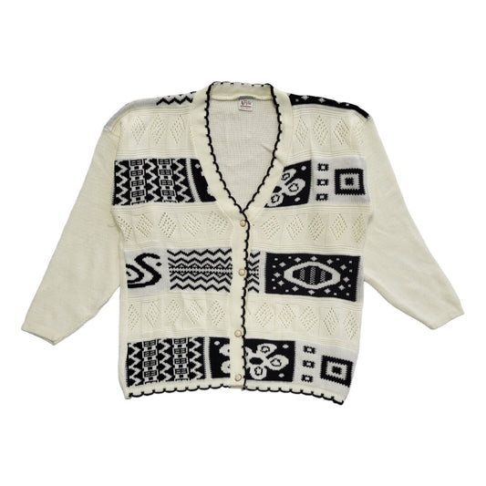 80s Vintage White & Black Button Cardigan Uk Women's Size 16