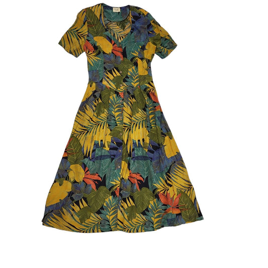 Ojay Vintage 80s Green Blue Floral Short Sleeve A-Line Dress Uk Women's Size 10