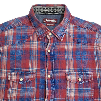 Desigual Y2k Red & Blue Check Pearl Snap Long Sleeve Shirt Uk Men's Size Large