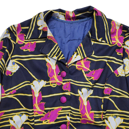 70s Vintage Navy & Purple Floral Collared Long Sleeve Midi Dress Women's 14