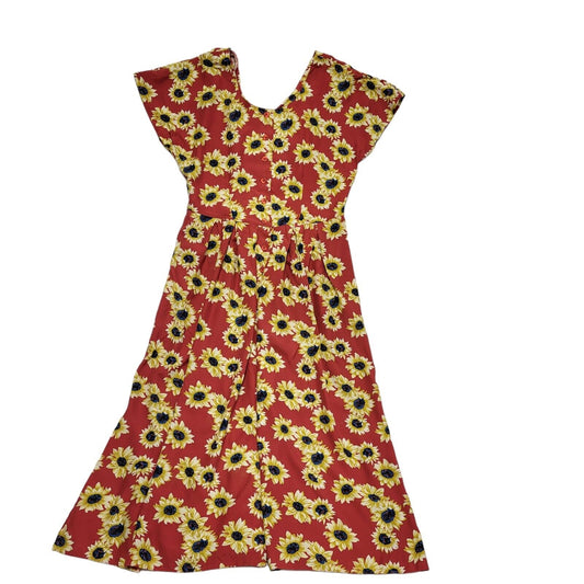Vintage 80's Red & Yellow Button Front Floral A-Line Midi Dress Womens UK 14