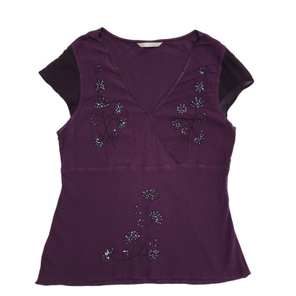Ameranto Vintage 90s Purple Floral Sequin Short Sleeve Top Womens UK 16