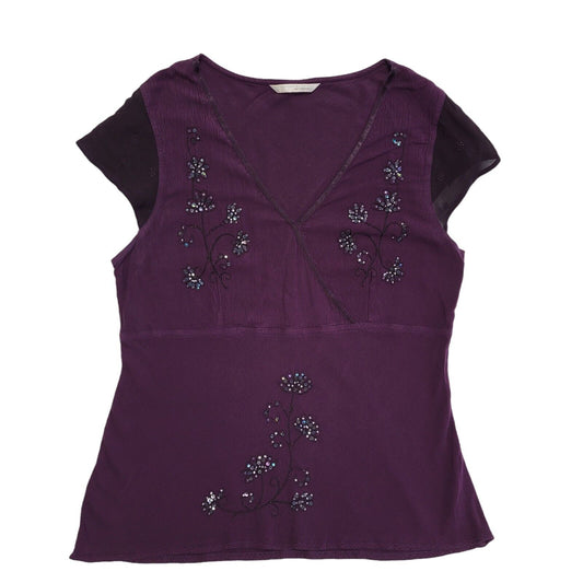 Ameranto Vintage 90s Purple Floral Sequin Short Sleeve Top Womens UK 16