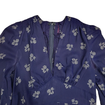 70s Vintage Navy & White V-Neck Long Sleeved Maxi Dress Women's 10