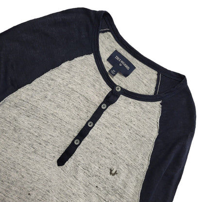 True Religion Henley Vintage 90s Blue & Grey Long Sleeve T-Shirt Mens UK Size S
