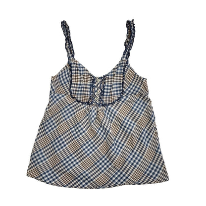 Levi's Vintage Y2K Brown & Blue Checked Strap Button Top Womens UK Size L