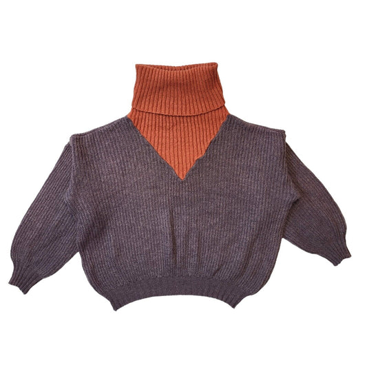 80s Vintage Cropped Batwing Dark Purple & Orange Roll Neck Jumper Women's Size L