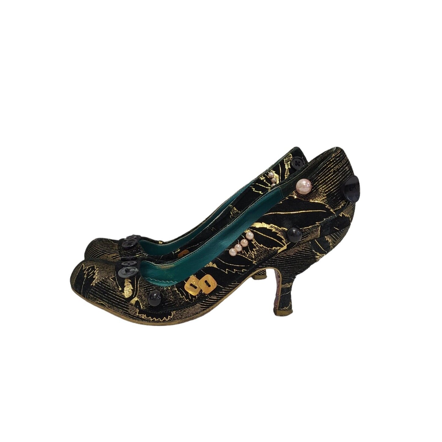 Vintage Black & Gold Slip-on Heels Shoes Uk Women's Size Unknown