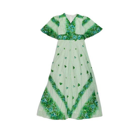 70s Vintage Green Floral Lined Maxi Dress Women's 10