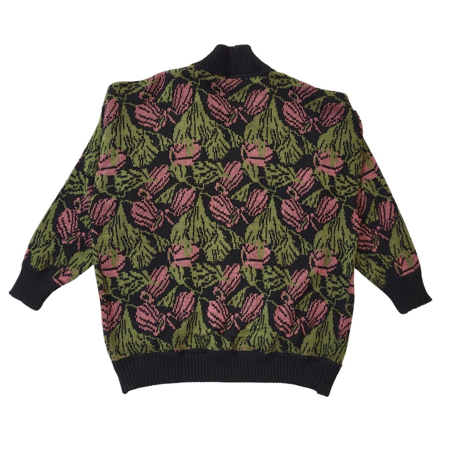 Canda C&A 80s Vintage Black, Green & Pink Floral Open Front  Cardigan Women's 18