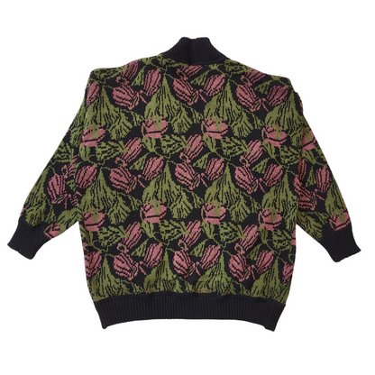 Canda C&A 80s Vintage Black, Green & Pink Floral Open Front  Cardigan Women's 18