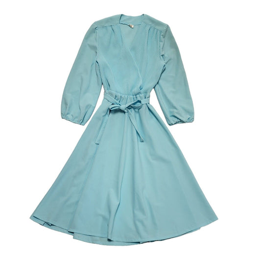 70s Vintage Turquoise Wrap Belted Long Sleeve A-Line Daywear Dress Women's 8