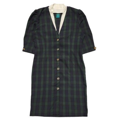 Canda Vintage 70s Blue Green Check 3/4 Sleeve Dress Uk Women's Size 14 W32