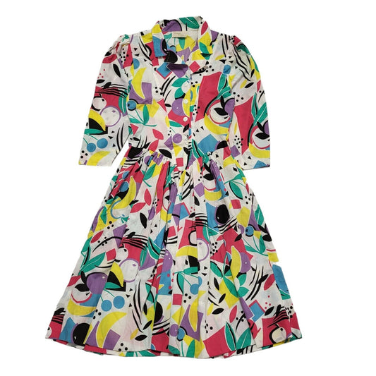 70s Vintage Madge Designs Abstract Long Sleeve Fit & Flare Dress Women's 8
