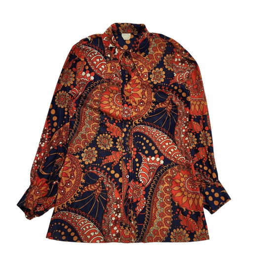 Vintage 70s Orange Abstract Blouse Uk Women's Size 12-14