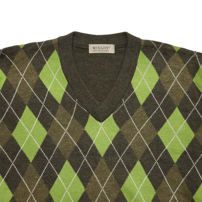 Molgoy Y2K Vintage Green Argyle Lambswool Blend V-Neck Jumper Men's Size XLarge