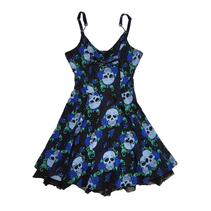 Jawbreaker 90s Vintage Blue & Black Skull Print Skater Dress Women's Size 8